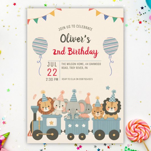 Invitation Animaux de fête mignons dans un train charmant