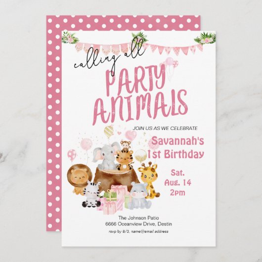 Invitation Animaux de fête rose Anniversaire (Devant / Derrière)