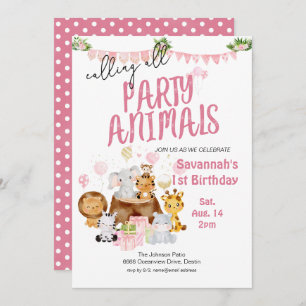 Invitation Animaux de fête rose Anniversaire