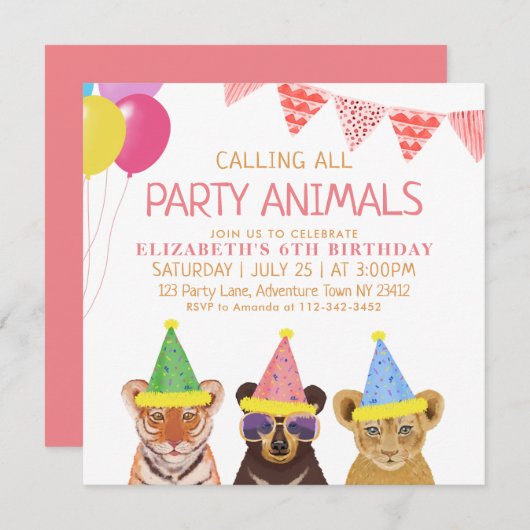 Invitation Animaux de fête rose Anniversaire (Devant / Derrière)