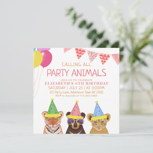 Invitation Animaux de fête rose Anniversaire (Debout devant)