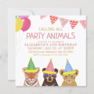 Invitation Animaux de fête rose Anniversaire