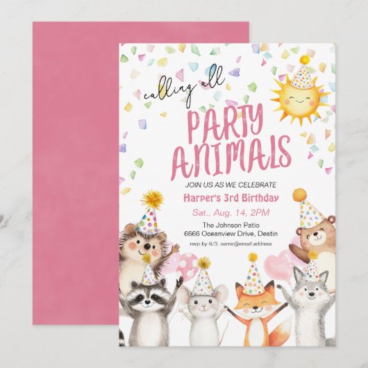 Invitation Animaux de fête rose en Casquettes de fête Anniver (Devant / Derrière)