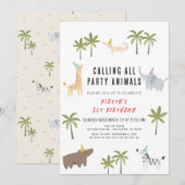 Invitation Animaux de fête Safari 1er anniversaire (Devant / Derrière)