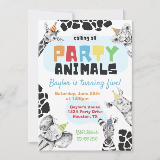 Invitation Animaux de fête | Safari Animaux (Devant)