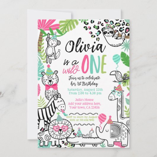 Invitation Animaux de fête, Safari Jungle 1er anniversaire (Devant)