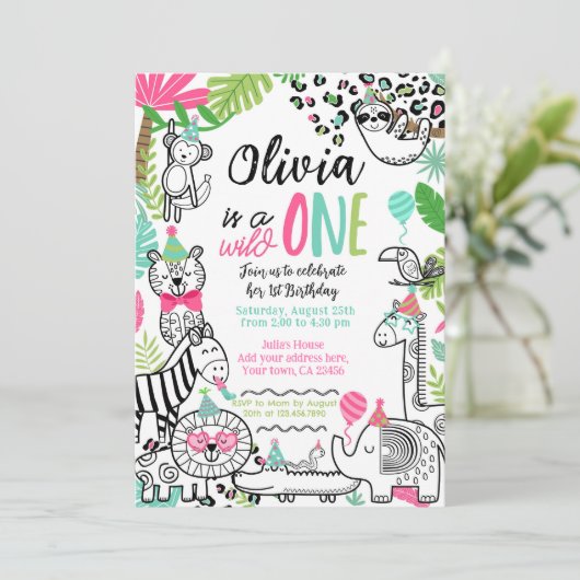 Invitation Animaux de fête, Safari Jungle 1er anniversaire (Debout devant)