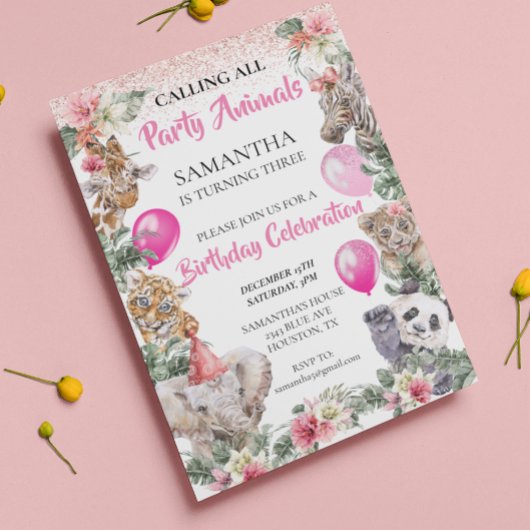 Invitation Animaux de Fête Safari Jungle Fille Rose Anniversa