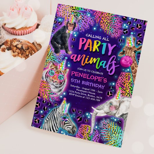 Invitation Animaux de fête Safari Neon Rainbow Cheetah Annive