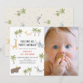 Invitation Animaux de fête Safari photo 1er anniversaire (Devant / Derrière)