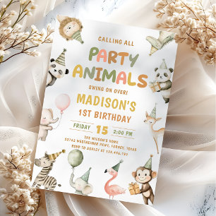 Invitation Animaux de Fête Se Balancent Au-dessus du 1er Anni