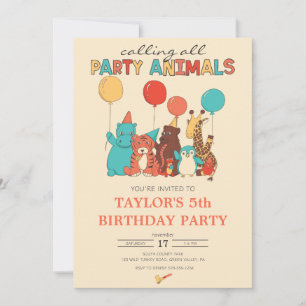Invitation Animaux de Fête Tigre, Manchot, Girafe Anniversair