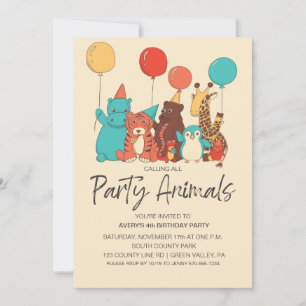 Invitation Animaux de Fête Tigre, Manchot, Hippopotame Annive