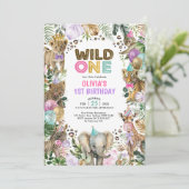 Invitation Animaux de fête Wild One rose violet Safari Annive (Debout devant)