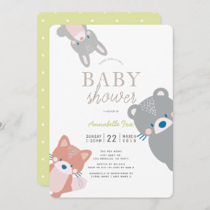 Invitation Animaux de forêt Baby shower blanc neutre pour les