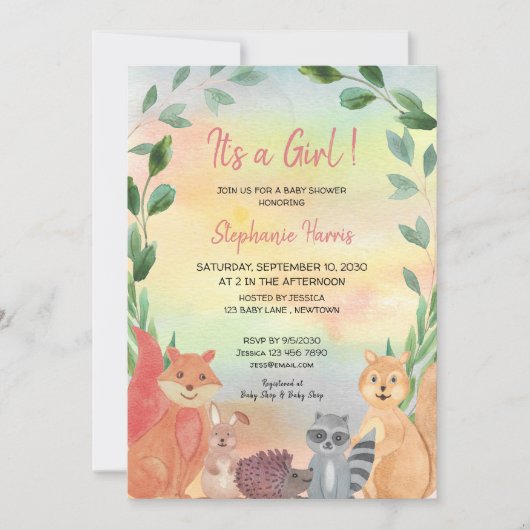 Invitation Animaux de forêt Baby shower de fille bébé (Devant)