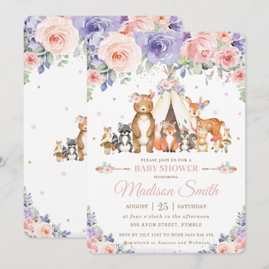 Invitation Animaux de forêt Baby shower floral Lilac (Devant / Derrière)