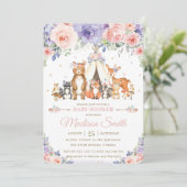 Invitation Animaux de forêt Baby shower floral Lilac (Debout devant)