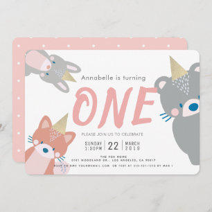 Invitation Animaux de forêt Première fille rose blanche