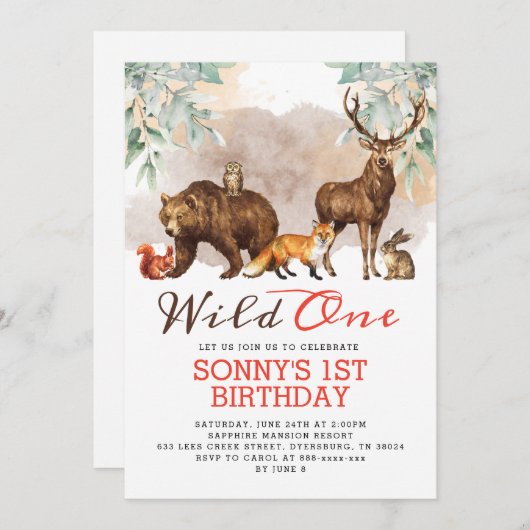Invitation Animaux de forêt Wild One fête d'anniversaire (Devant / Derrière)