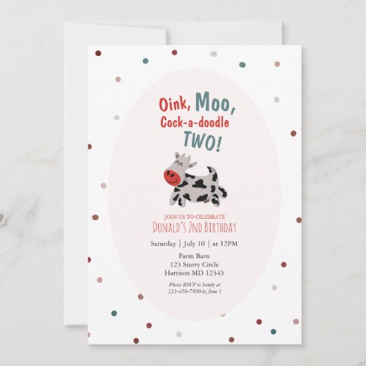 Invitation Animaux de la ferme de vache Deuxième anniversaire (Devant)