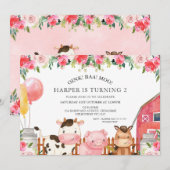 Invitation Animaux de la ferme Florale rose chaud Anniversair (Devant / Derrière)