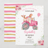 Invitation Animaux de la ferme Tracteur rose (Devant / Derrière)