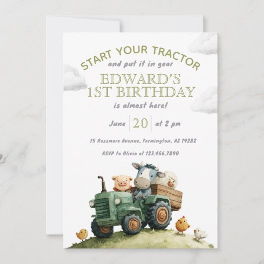 Invitation Animaux de la ferme Tracteur vert Anniversaire (Devant)