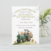 Invitation Animaux de la ferme Tracteur vert Anniversaire (Debout devant)