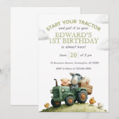 Invitation Animaux de la ferme Tracteur vert Anniversaire (Devant / Derrière)