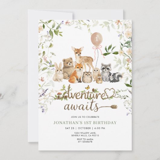 Invitation Animaux de la forêt 1er anniversaire | Forêt rusti (Devant)