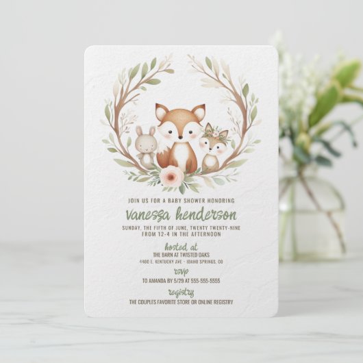 Invitation Animaux de la Forêt Baby Shower (Debout devant)