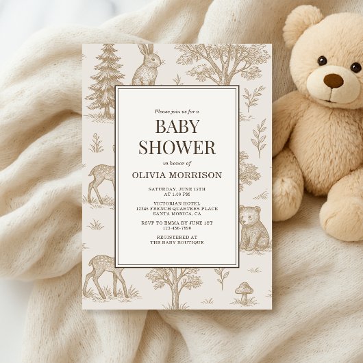 Invitation Animaux de la Forêt Baby Shower Toile de Jouy