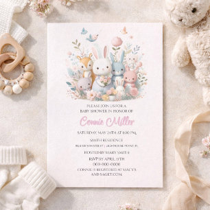 Invitation Animaux de la forêt en rose pastel pour Baby Showe
