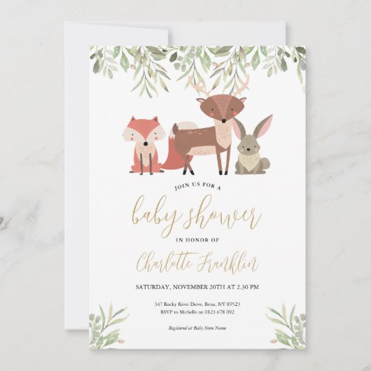 Invitation Animaux de la forêt Fête de bébé verdure forestièr (Devant)