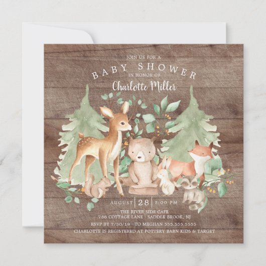Invitation Animaux de la forêt rustiques Baby Shower (Devant)