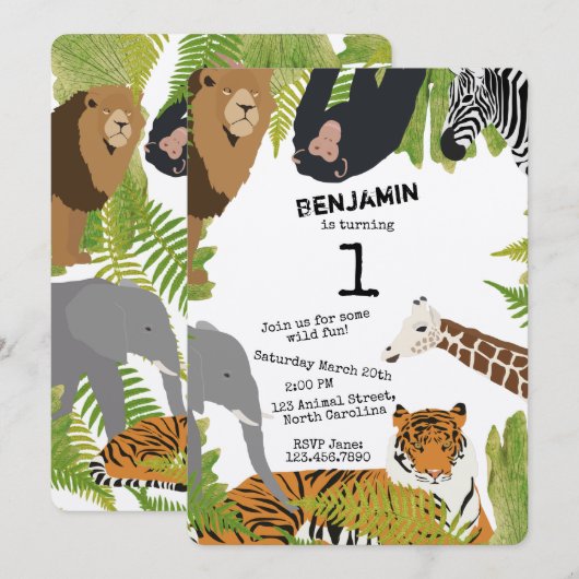 Invitation Animaux de la jungle mignonne customisée Safari An (Devant / Derrière)