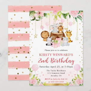 Invitation Animaux de la jungle rose aquarelle pour l'anniver