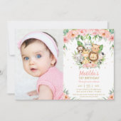 Invitation Animaux de la jungle rose Floral 1er anniversaire  (Devant)