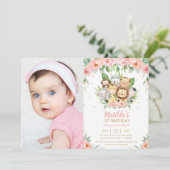 Invitation Animaux de la jungle rose Floral 1er anniversaire  (Debout devant)