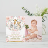 Invitation Animaux de la jungle rose floue sauvage Un anniver (Debout devant)