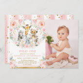 Invitation Animaux de la jungle rose floue sauvage Un anniver (Devant / Derrière)