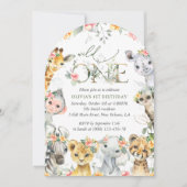 Invitation Animaux de la jungle, Safari, Fleurs, Premier Anni (Devant)