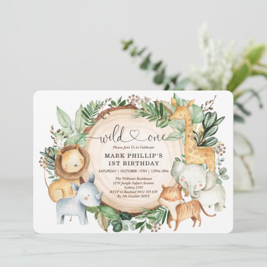 Invitation Animaux de la jungle sauvage 1er anniversaire fête (Debout devant)