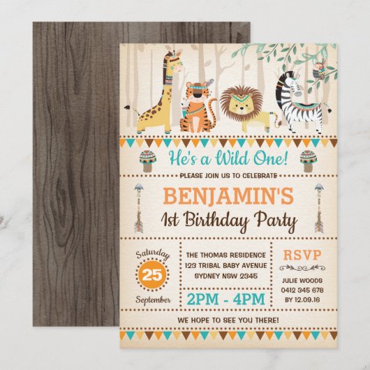 Invitation Animaux de la jungle tribale Sauvage rustique Un 1 (Devant / Derrière)