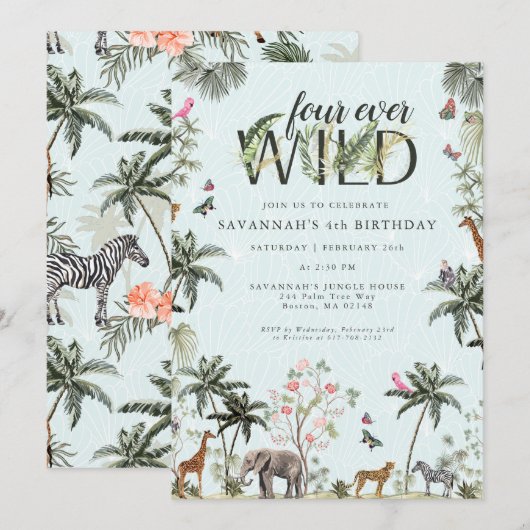 Invitation Animaux de la jungle tropicale | Four Ever Wild (Devant / Derrière)
