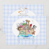 Invitation Animaux de l'Arche de Noé Gingham Bleu (Devant / Derrière)