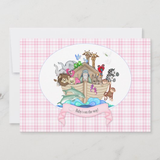 Invitation Animaux de l'Arche de Noé Gingham Rose (Devant)