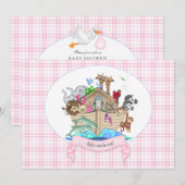 Invitation Animaux de l'Arche de Noé Gingham Rose (Devant / Derrière)