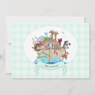 Invitation Animaux de l'Arche de Noé Gingham Vert Menthe